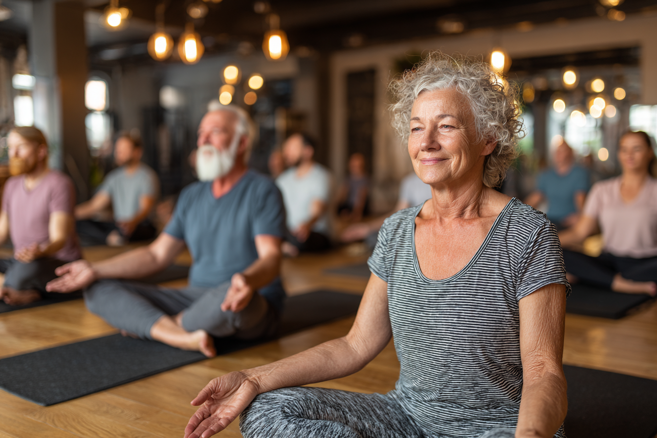 Старші люди практикують йогу в групі